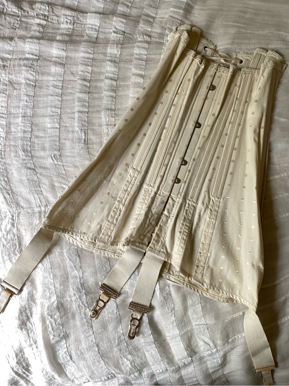 Antique 1900s Cream Dot-Embroidered Garter Corset